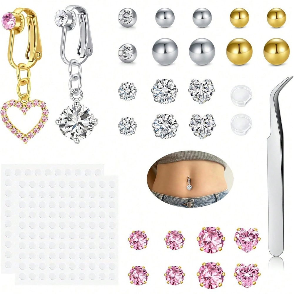 Body Jewelry And Piercing - Złoty sztuczny piercing brzucha, klips w