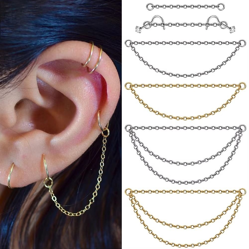 Body Jewelry Labret - Modny tytanowy łańcuszek do nosa, podwójny