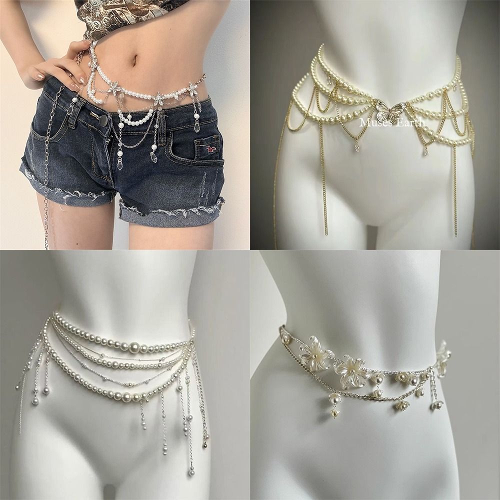 Body Jewelry Women - Eleganckie łańcuszki na talię z perłami,